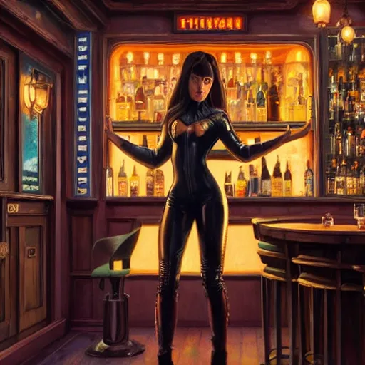 Image similar to highly detailed painting of a beautiful female wearing a skintight leather jacket in a bar, stephen bliss, 8 k, unreal engine, by greg rutkowski, loish, rhads, ferdinand knab, makoto shinkai and lois van baarle, ilya kuvshinov, rossdraws, tom bagshaw, global illumination, radiant light, detailed and intricate environment