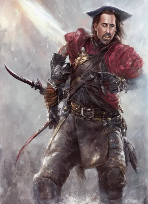 Image similar to highly realistic nicholas cage as a ranger painted by raymond swanland