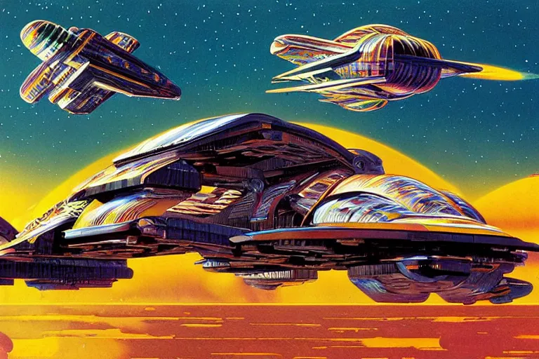 Image similar to elegant spaceship cruising between planets, fluid, smooth, bright saturated colours, high contrast, sharpness, very detailed, intricate, by angus mckie, colin hay, stewart cowley, john berkey