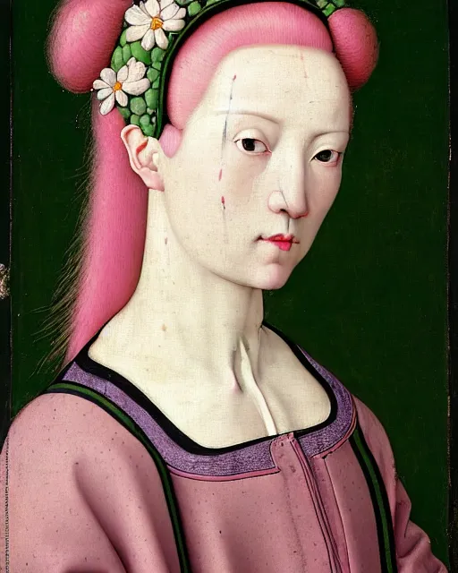 Image similar to portrait of a woman with pink hair buns, wearing a green puffer jacket and baggy jeans, standing in a garden full of plants and flowers, white background, intricate details, high detail, in the style of rogier van der weyden and jacopo da pontormo, punk, asian art,