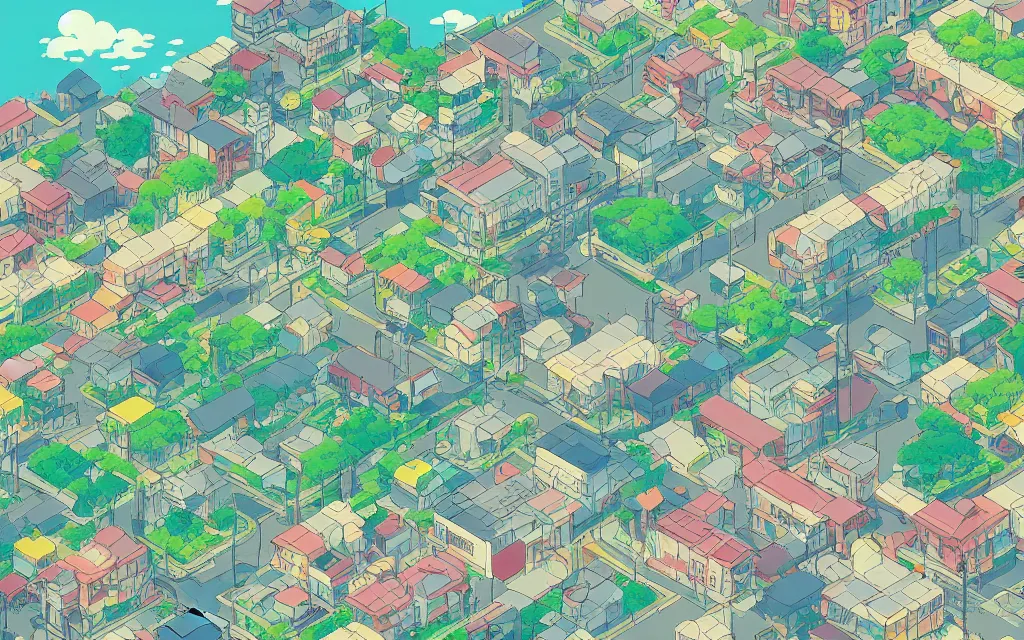 Image similar to a japanese city near the sea, lofi, dreamy, moody, very colorful, anime inspiration, ghibli vibe, very pixelart, hd