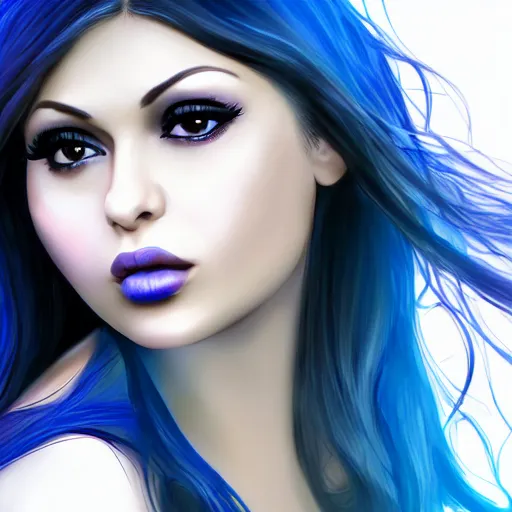 Prompt: portait of haifa wehbe, perfect lips licking tongue, long hair blue centred, hd, very detailed curve, digital painting, unreal engine, final fantasy style, amazing blue background theme