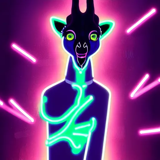 Image similar to beautiful furry digital art portrait commission of an androgynous furry anthro giraffe fursona wearing punk clothes in the streets of a cyberpunk city. neon signs. character design by charlie bowater, ross tran, artgerm, and makoto shinkai