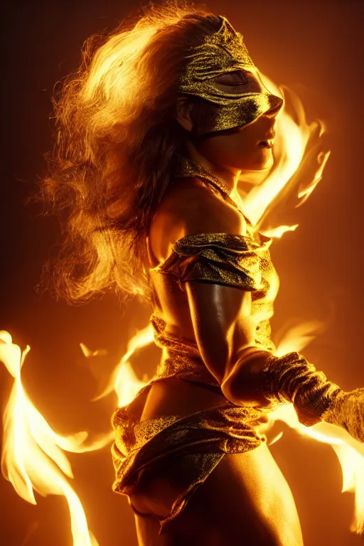 Prompt: a woman wearing golden mask, hair like fire, muscular, in dark soul