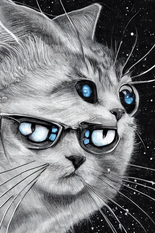 Image similar to a cat wizard with biolumonecent whiskers, painted by wally wood and matt jefferies, trending on artstation, bright macro view pixar, award - winning, blueprint, chillwave, realism