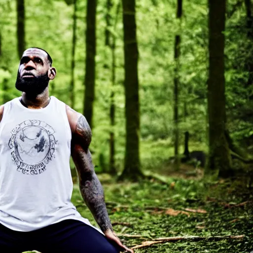 Image similar to lebron james doing yoga in the forest, ( eos 5 ds r, iso 1 0 0, f / 8, 1 / 1 2 5, 8 4 mm, postprocessed, crisp face, facial features )