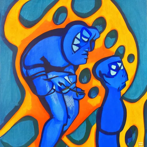 Prompt: post modern art depicting the tales of blue demon in the subway