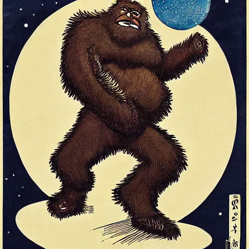 Image similar to sasquatch in space in the style of Kuniyoshi
