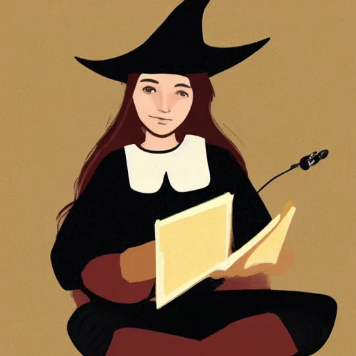 Image similar to young medieval girl wearing witch's hat and headphones sitting studying