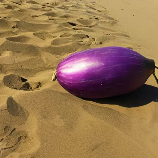 Image similar to huge eggplant in look like robot sunbathing on the beach among people, photo,