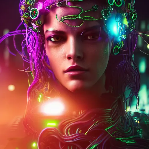 Image similar to Cyberpunk medusa, neon, intricate, ornate, photorealistic, ultra detailed, realistic, 35mm, photography, octane, high definition, depth of field, bokeh, 8k, artstation