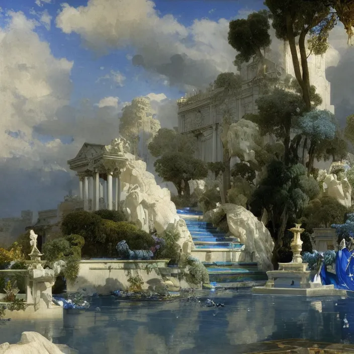 Prompt: gardens of marble draped in flowing sheets of cobalt blue satin and silver satin, by ivan aivazovsky and syd mead and moebius and gaston bussiere and roger dean and pieter claesz and paul delaroche and alma tadema and august malmstrom and willem claesz heda and aelbert cuyp, hyperrealistic, volumetric light, octane render