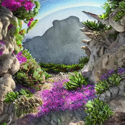 Image similar to delicate coastline mountain garden on paper, stony, puffy, botanical herbarium, botanic watercolors, iridescent, 8 k wide angle, realistic shaded, fine details, artstation, italian, rainbow, colonnade, oak, pinecone, pomegranade, vines, gardena architecture, pompeian, sicilian