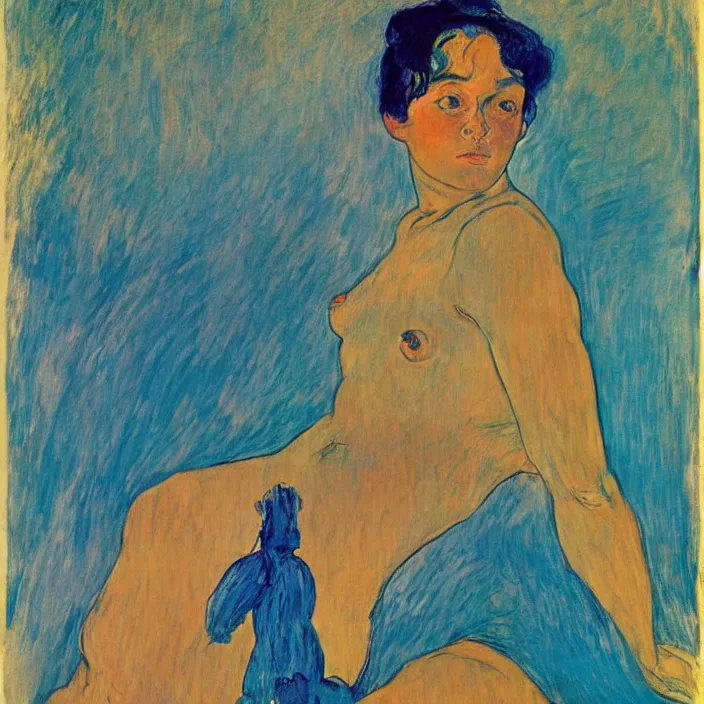 Prompt: portrait of a island woman. indigo blue, turquoise. henri de toulouse - lautrec, ferdand hodler, egon schiele, gauguin, kathe kollwitz