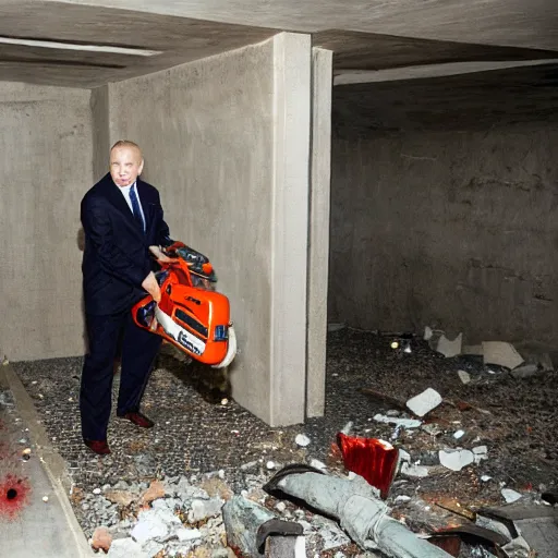 Image similar to putin with a chainsaw. in a concrete bunker with a pile of corpses. focus on putins face with blood splatters. canon eos r 3, f / 1. 4, iso 1 6 0 0, 1 / 8 0 s, 8 k, raw, grainy