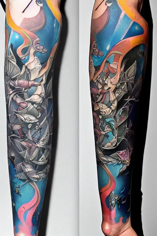 Prompt: tattoo arm sleeves by mc escher and peter mohrbacher