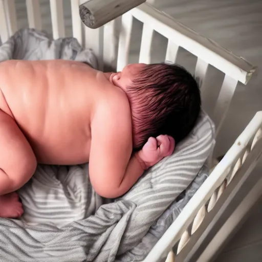 Image similar to huge muscles bodybuilder baby sleeping in a crib, newborn picture, barrel chested, rippling muscles, huge veins, bulging muscles, ripped, award winning photography, high detail