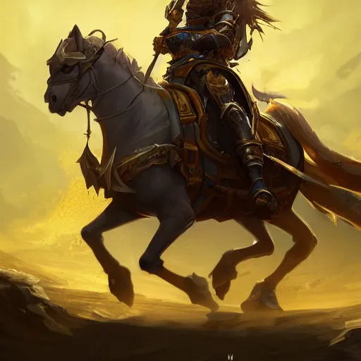 Prompt: a knight riding a horse, yellow theme, bright art masterpiece artstation. 8 k, sharp high quality artwork in style of jose daniel cabrera pena and greg rutkowski, concept art by tooth wu, blizzard warcraft artwork, hearthstone card game artwork, horse rider