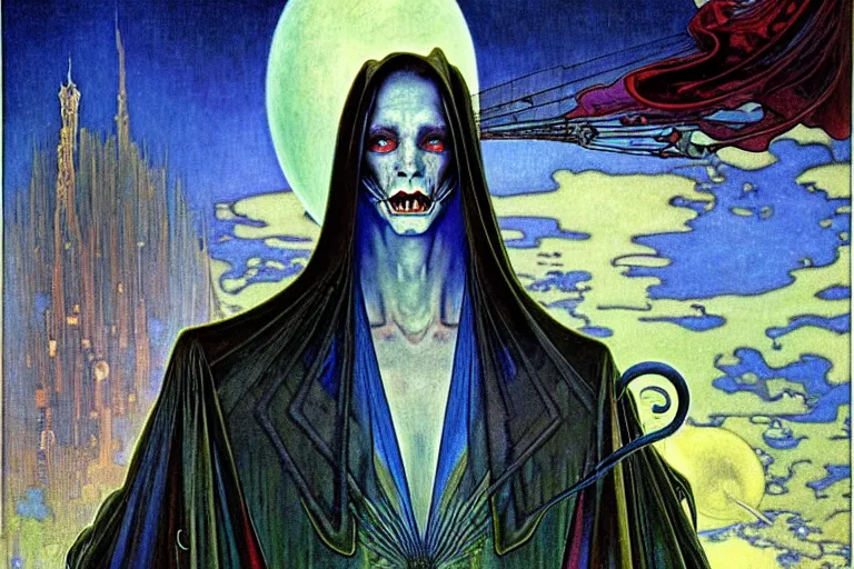 Image similar to realistic extremely detailed portrait painting of an elegantly creepy vampire man in a cape, futuristic sci-fi castle on background by Jean Delville, Amano, Yves Tanguy, Alphonse Mucha, Ernst Haeckel, Edward Robert Hughes, Roger Dean, rich moody colours, blue eyes