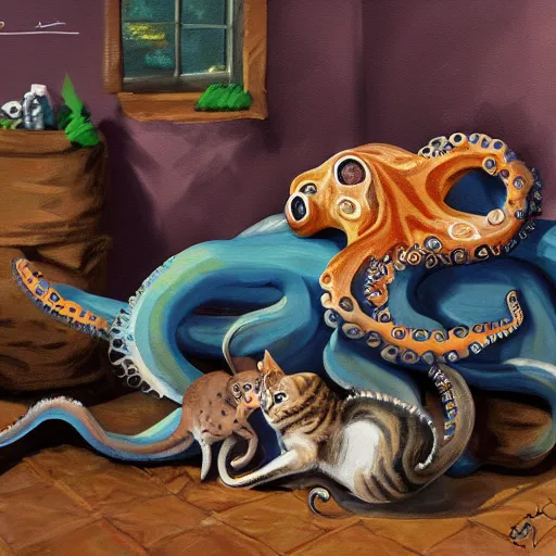 Image similar to octopus and cats fighting for life, digital paintingl