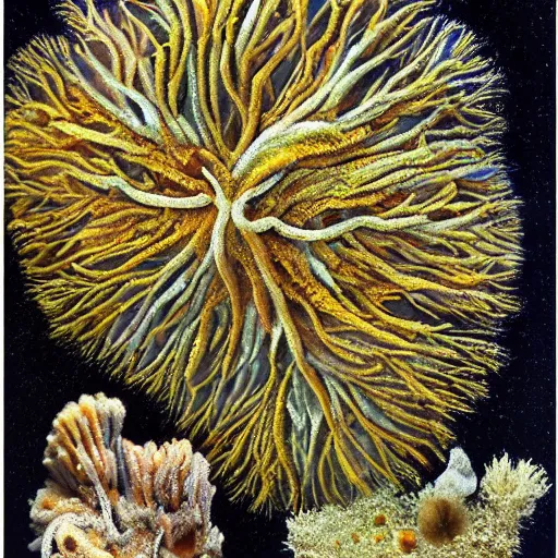 Image similar to beautiful and artistic mycelium on a fantastic planet and unusual inhabitants of the oceans, highly detailed