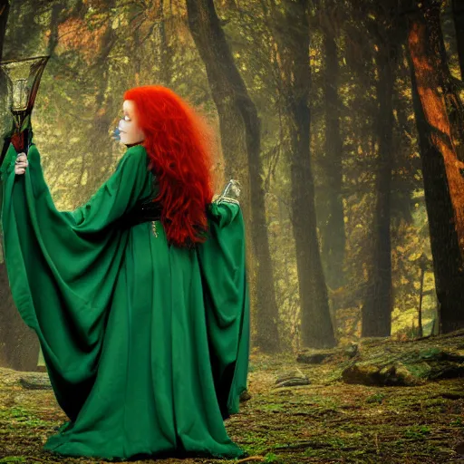 Image similar to a beautiful redheaded dnd sorceress wearing a green cloak, high resolution film still, 8k, HDR colors