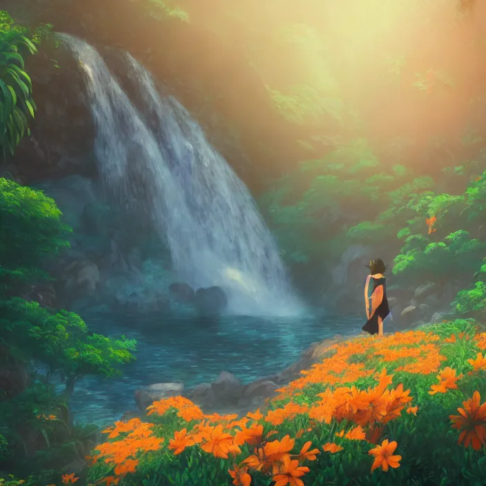 Prompt: an epic makoto shinkai and renoir landscape with a hawaiian waterfall, orange flowers, 🌺, a beautiful woman, ultra smooth, octane render, lois van baarle, ilya kuvshinov