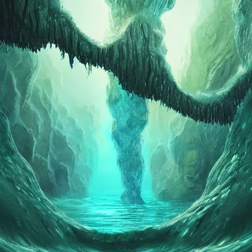 Prompt: lush alien underwater landscape, lush alien underwater pillars, lush alien underwater canyon landscape, Christian Cline, Alex Ries, digital art