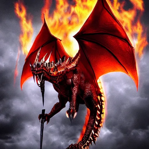 Image similar to fantasy hell dragon from lord of the rings with flames coming from its eyes