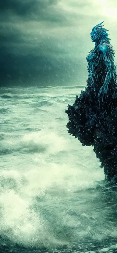 Prompt: giant creepy monster made of water, made of liquid, rising up from ocean, water armor, high detail, high contrast, close up portrait, studio lighting, stormy seas, beautiful, bokeh, snowy, storm clouds, god rays, d & d, fantasy, elegant, aquamarine color palette, concept art, roger deakins and greg rutkowski and alphonse mucha