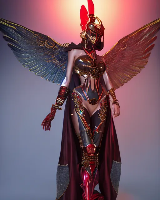 Image similar to sultry egyptian priestess wearing red dove wings, warframe armor, regal, attractive, ornate, sultry, elize theron, pretty face, blue eyes, scifi platform, 4 k, ultra realistic, epic lighting, illuminated, cinematic, black gold, art by akihito tsukushi, voidstar