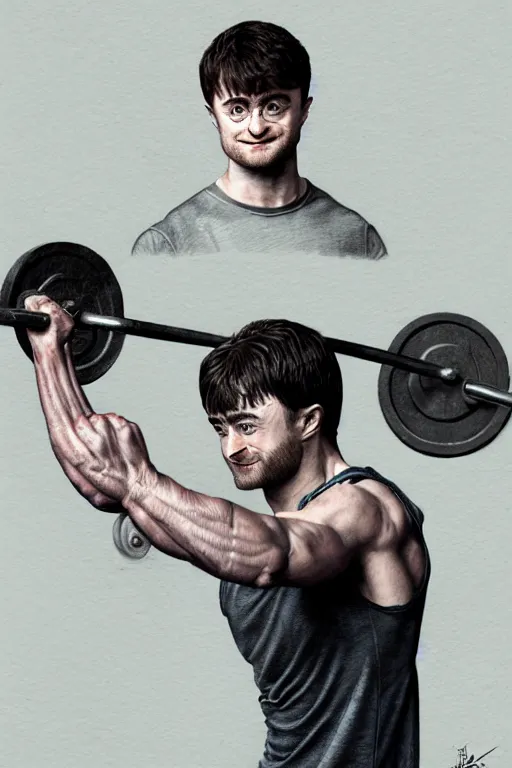 Image similar to highly detailed rendering of Daniel Radcliffe as Harry Potter doing barbell back squats, dingy workout gym, wearing a muscle tee shirt, muscular deep squats, symmetrical, highly detailed, digital painting, artstation, concept art, smooth, sharp focus, illustration, cinematic lighting, art by artgerm and greg rutkowski and alphonse mucha