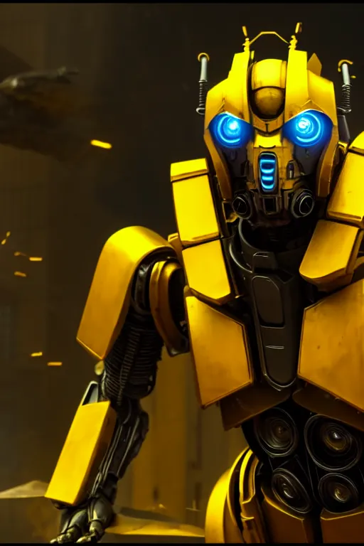 Image similar to a cinematic still from bumblebee movie, yellow mech, humanoid servo, octane render, nvidia raytracing demo, masterpiece, aged armor plating, aggressive head,