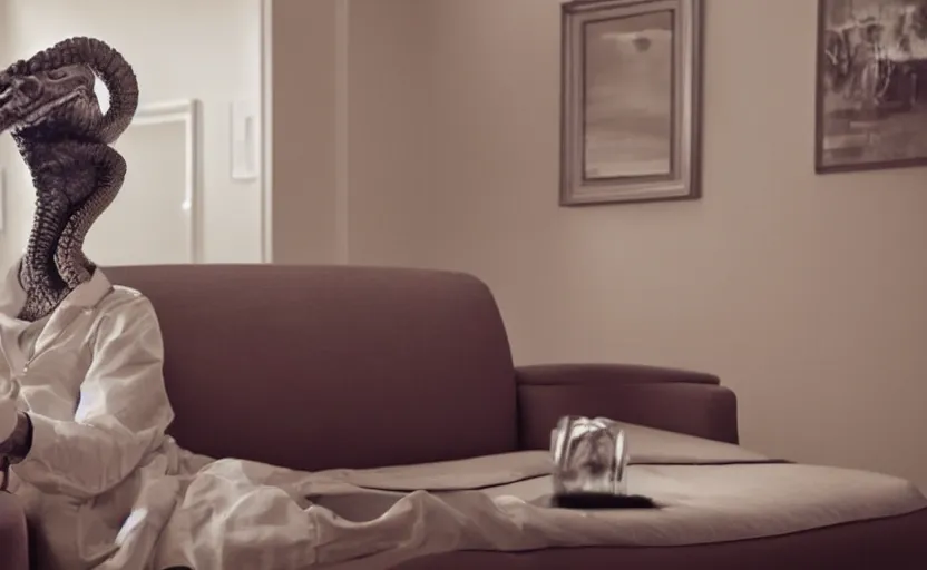 Image similar to an ocotopus waiting on the couch for the psychiatrist to come in, still from the movie her