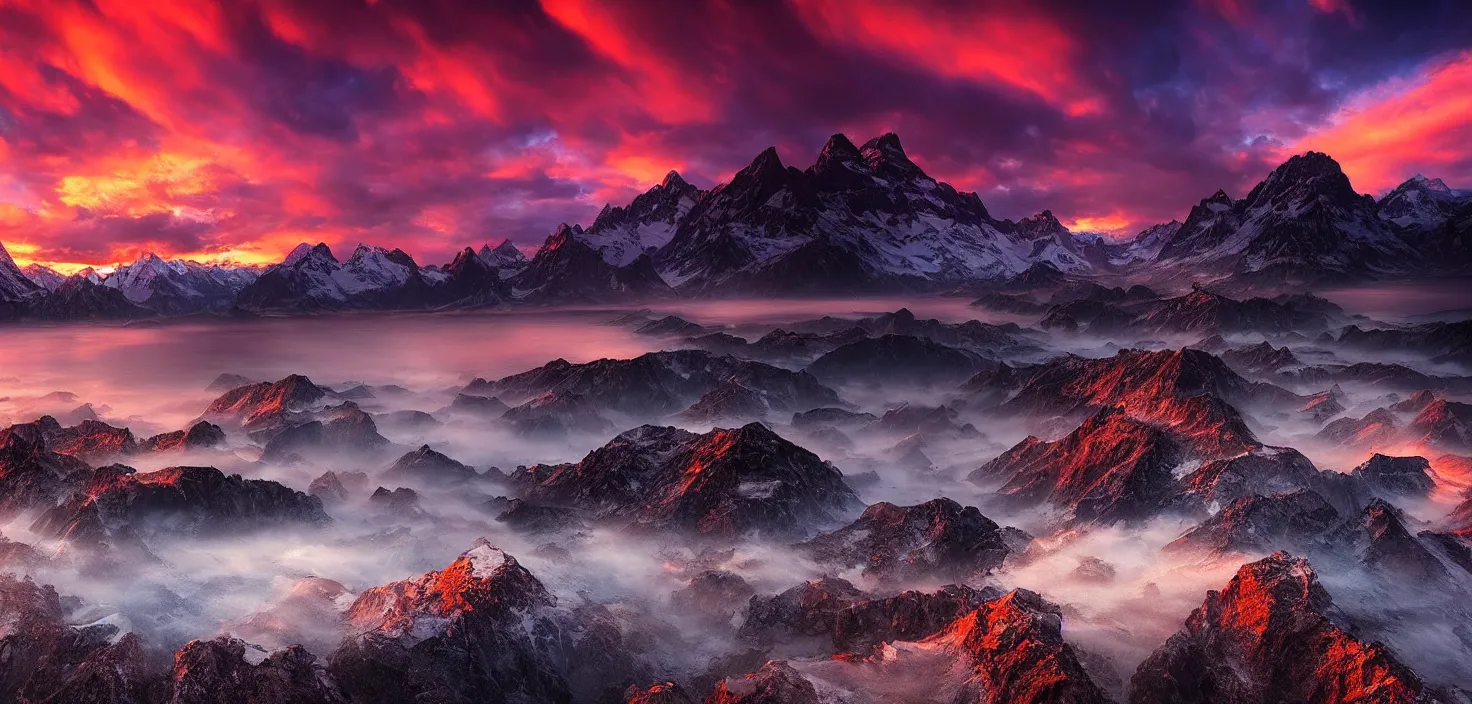 Image similar to amazing landscape photo of mountains with lake in sunset by marc adamus, beautiful dramatic lighting