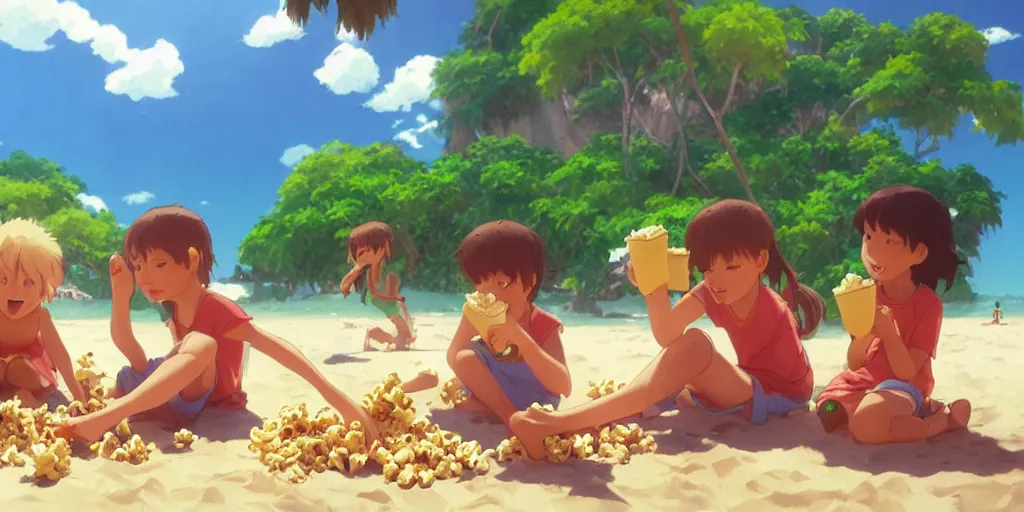 Prompt: a wholesome animation key shot of kids eating popcorn at a tropical beach, medium shot, waist up, studio Ghibli, Pixar and Disney animation, sharp, very detailed, high resolution, Rendered in Unreal Engine 5, anime key art by Greg Rutkowski, Bloom, dramatic lighting