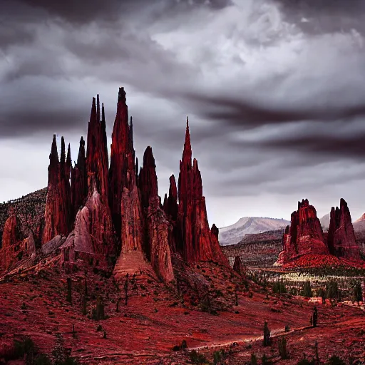 Prompt: hasselblad photograph of a epic dark gothic cathedral with tall spires made of hard red rock, gothic architecture, large windows, bloodborne cathedral, stained glass windows, gothic cathedral, GOTHIC cathedral, bristlecone pine trees, ultrawide cinematic, dark dramatic skies, atmospheric, vultures