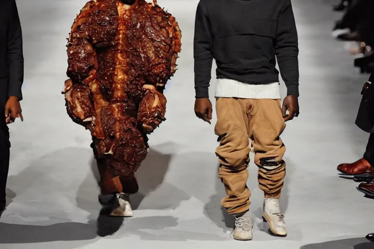 Image similar to kanye west wearing a suit made of steak, runway photo