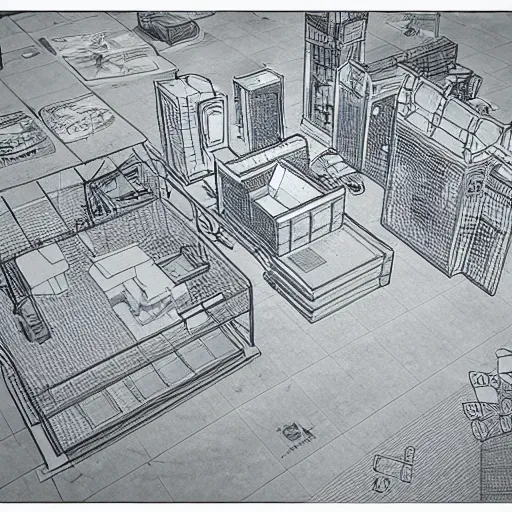 Prompt: the realistic blueprints isometric pigeon, greyscale photo museum, 1 9 8 0, manga style