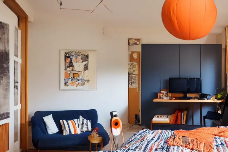 Prompt: an apartment with a small bed, big desk, two wooden wardrobes, a little wodden side table, a window, desk fan, table light, and an old TV, navy blue carpet, and a ceiling fan gives off a dim orange light