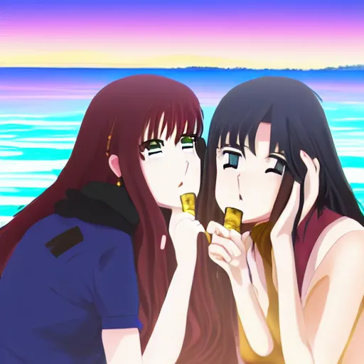 Prompt: two beautiful lesbian girls in love, smoking a hemp cigarette with smoke, sitting in front of a lake, in the style of anime, close - up, pixiv, intricate, elegant, highly detailed, lush, stylized, japanese, smooth