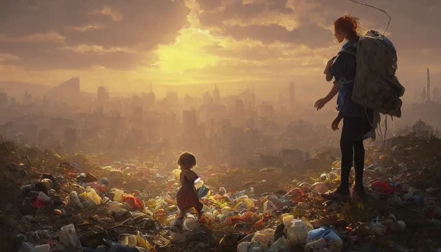 Image similar to poor detailed child with backpack looking for food at garbage dump, city is pure wasteland, sunset in background, greg rutkowski, alphonse mucha, trending on artstation, artgerm, breathtaking, sharp focus, smooth, mark arian, award winning, highly detailed 4 k art