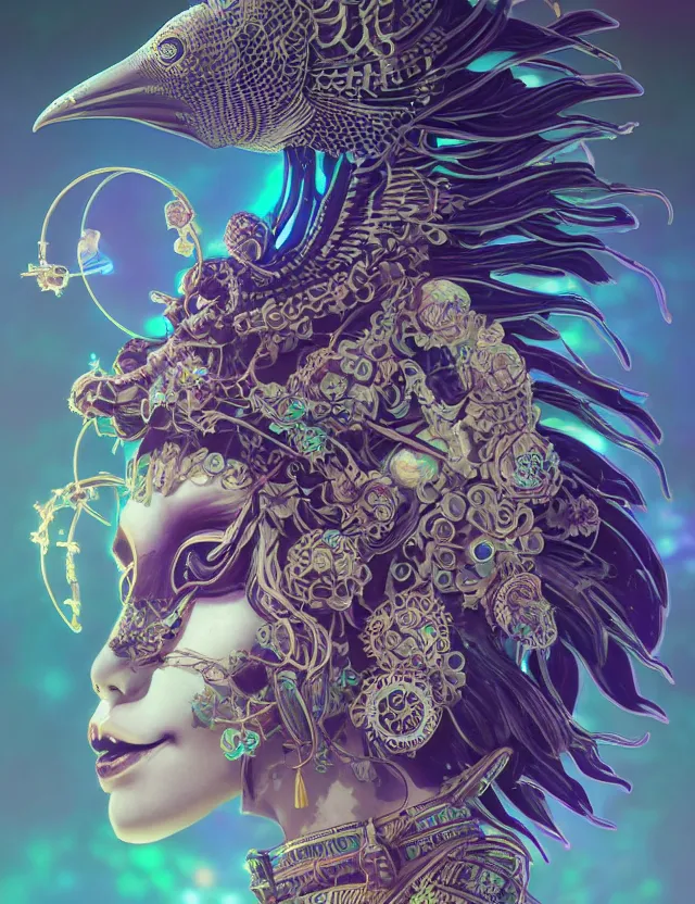 Image similar to 3 d goddess close - up profile solarpunk portrait ram skull. beautiful intricately detailed japanese crow kitsune mask and clasical japanese kimono. betta fish, jellyfish phoenix, bio luminescent, plasma, ice, water, wind, creature, artwork by tooth wu and wlop and beeple and greg rutkowski