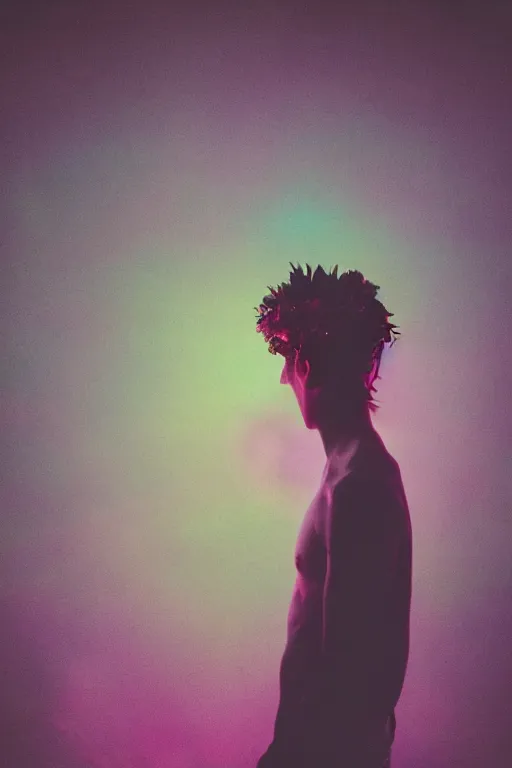 Image similar to kodak portra 4 0 0 photograph of a skinny guy looking into a otherworldly portal, flower crown, back view, vaporwave colors, grain, moody lighting, moody aesthetic,