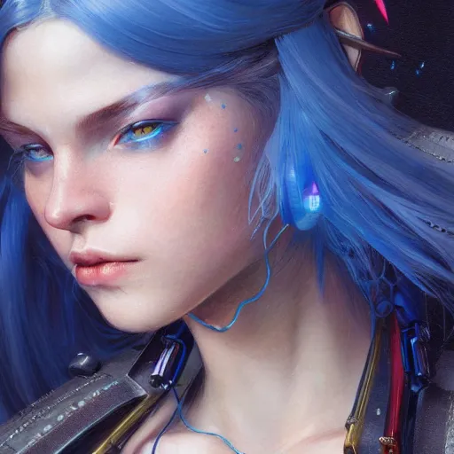 Image similar to Hyperrealistic close-up portrait of cyberpunk young woman with blue hair, D&D, fantasy, intricate, elegant, highly detailed, digital painting, artstation, concept art, smooth, sharp focus, illustration, art by artgerm and greg rutkowski and alphonse mucha