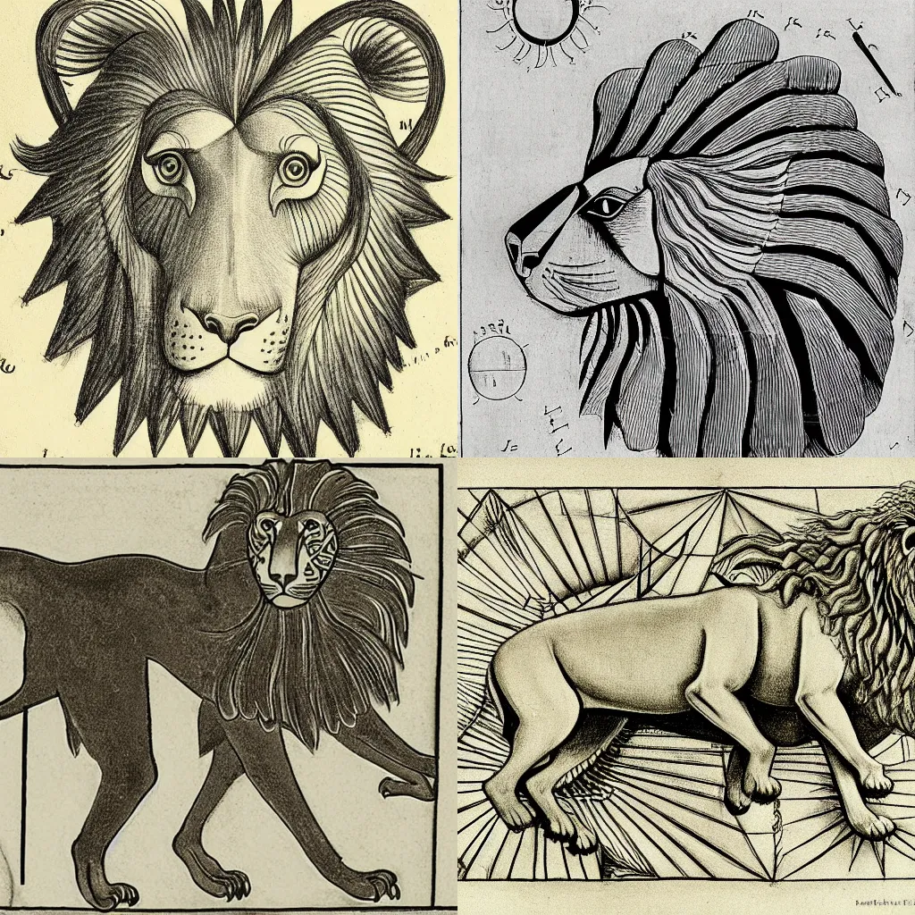 Prompt: M.C Escher illustration of a lion as seen in the Voynich Manuscript