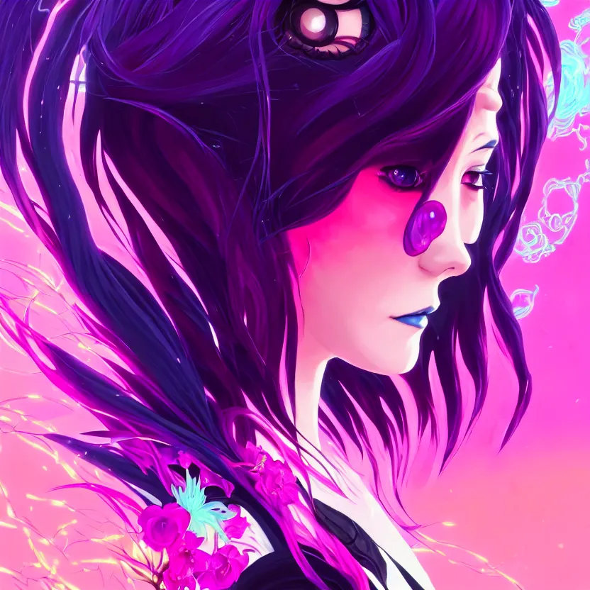 Image similar to side profile macro portrait of one cute modern gothic anime girl with synthwave flower background, gloomhaven, colorful swirly retrowave style fantasy portrait, by lois van baarle, sachin teng, greg rutkowski, jesper ejsing, ilya kuvshinov, extremely detailed digital art, trending on artstation, masterpiece 8 k,