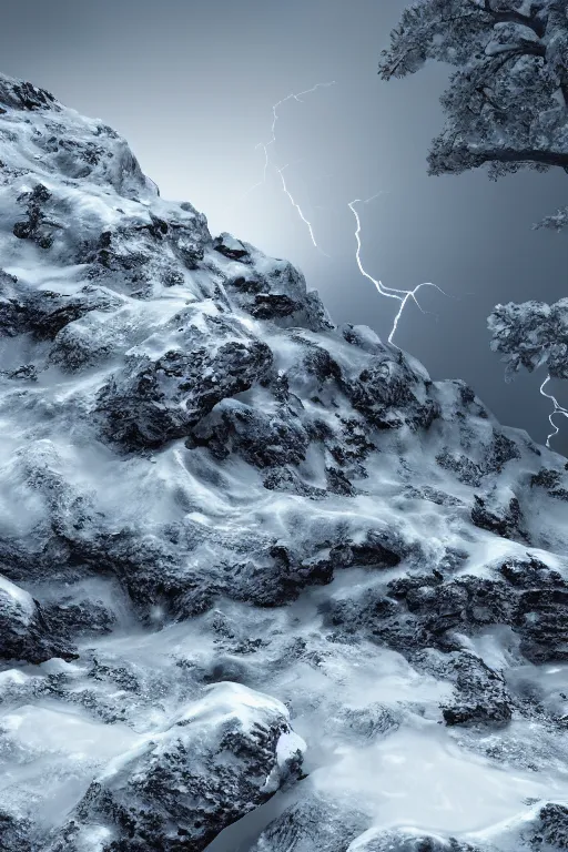 Image similar to 3 d render, realistic nature, dark color palate, snowy craggy sharp mountains, stormy weather, lightning, 8 k