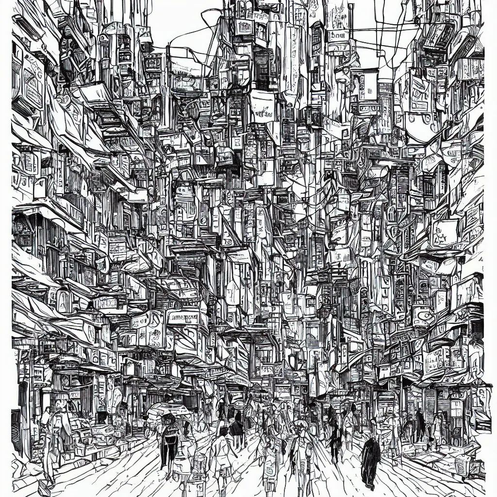 Prompt: a cyberpunk street with stalls and a noodle shop, wet street, people with umbrellas, many cables and lanterns, black fine line ink drawing, one liner