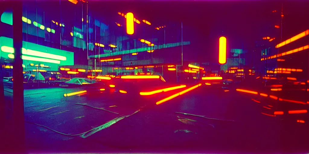 Image similar to 1 9 7 0 s chrome cityscape, mirrored finish, neon lights, dirty, ektachrome photograph, volumetric lighting, f 8 aperture, cinematic eastman 5 3 8 4 film